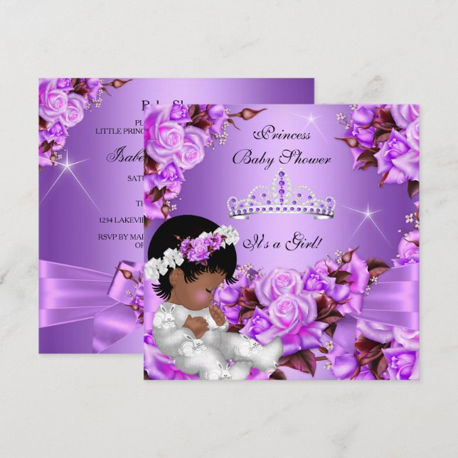 Invitación Princesa Baby Shower Chica Purple Rosa Bow 2 (Anverso / Reverso)