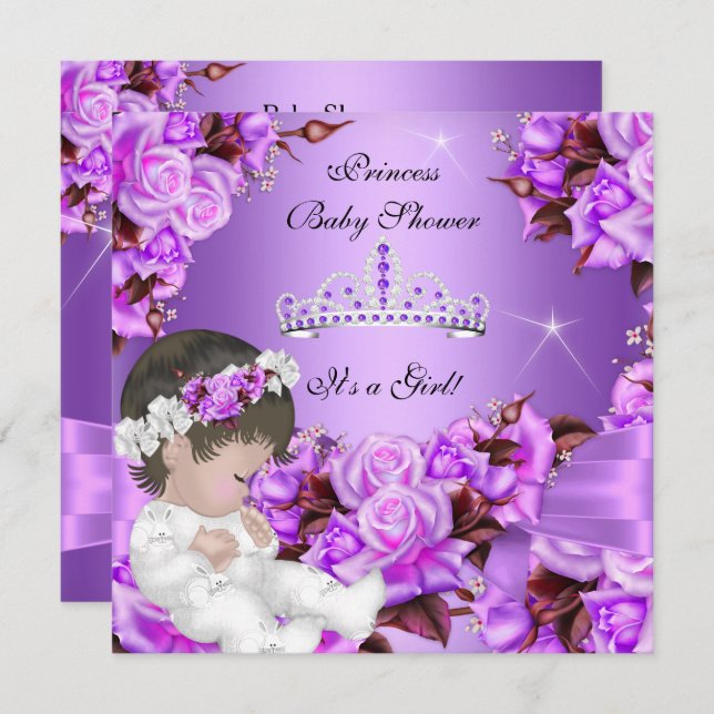 Invitación Princesa Baby Shower Chica Purple Rosa Bow 3 (Anverso / Reverso)