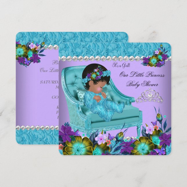 Invitación Princesa Baby Shower Chica Purple Verde azulada Bl (Anverso / Reverso)