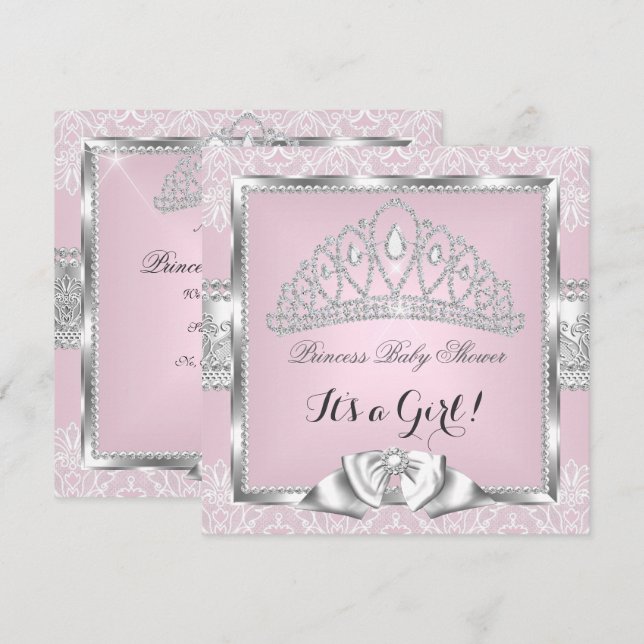 Invitación Princesa Baby Shower Chica Rosa Plata Lace 3 (Anverso / Reverso)