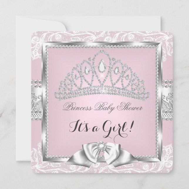 Invitación Princesa Baby Shower Chica Rosa Plata Lace 4 (Anverso)