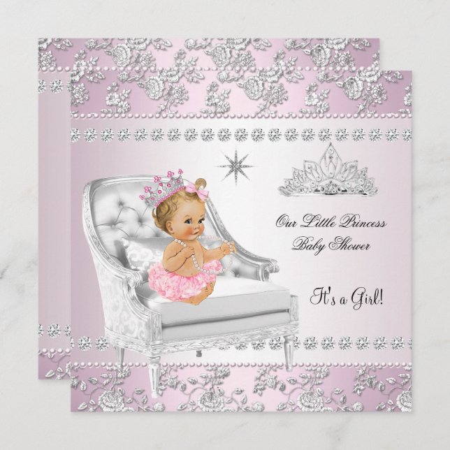 Invitación Princesa Baby Shower Chica Rosada Plata Silla rubi (Anverso / Reverso)
