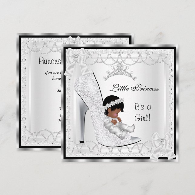 Invitación Princesa Baby Shower Chica Silver White Shoe 3 (Anverso / Reverso)