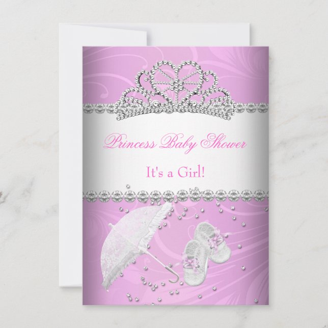 Invitación Princesa Baby Shower Chica White Pink Tiara (Anverso)