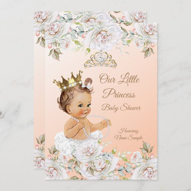 Invitación Princesa Baby Shower Coral Peach White (Anverso / Reverso)