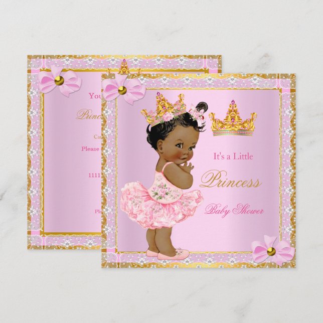 Invitación Princesa Baby Shower Cute Chica Rosa Golden Ethnic (Anverso / Reverso)