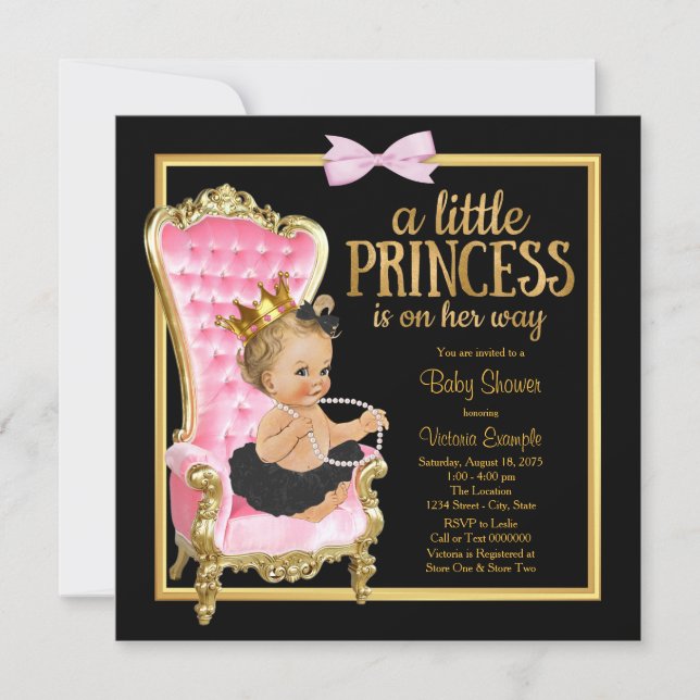 Invitación Princesa Baby Shower de la silla rosada de oro neg (Anverso)