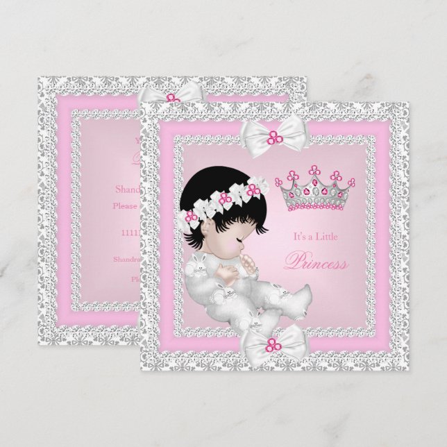 Invitación Princesa Baby Shower Gris blanco rosado Damasco B (Anverso / Reverso)