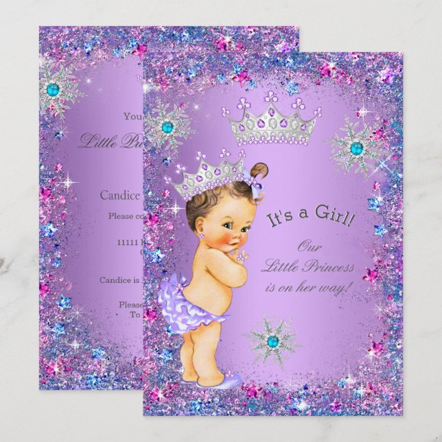 Invitación Princesa Baby Shower morada rosa azul Verde azulad (Anverso / Reverso)