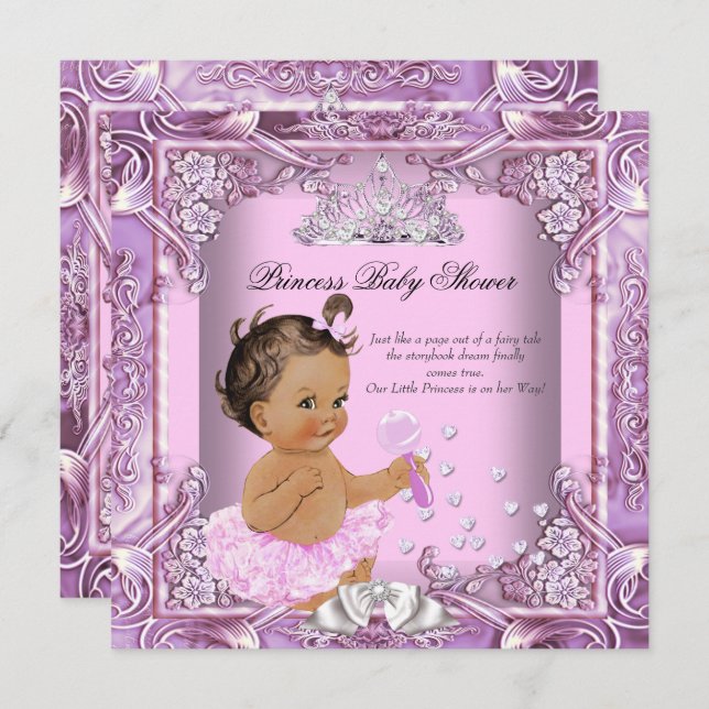 Invitación Princesa Baby Shower Pink Purple Tutu Brunette (Anverso / Reverso)