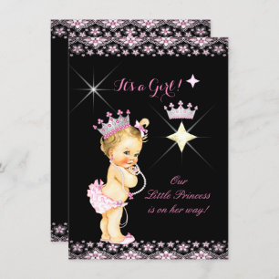 Invitación Princesa Baby Shower Rosa Negro Tiara Blonde Baby