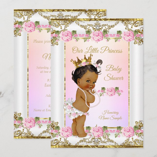 Invitación Princesa Baby Shower Rosa Oro Rosado Étnica Blanca (Anverso / Reverso)