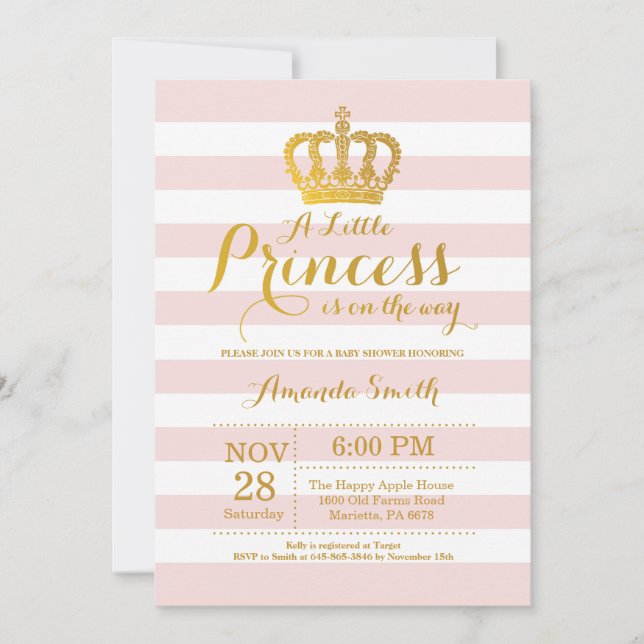 Invitación Princesa Baby Shower rosada y dorada (Anverso)