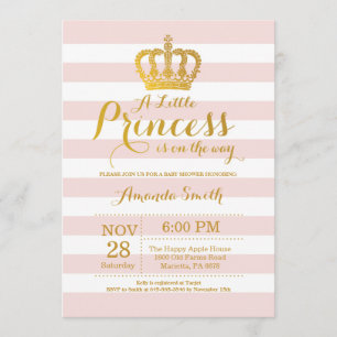 Invitación Princesa Baby Shower rosada y dorada