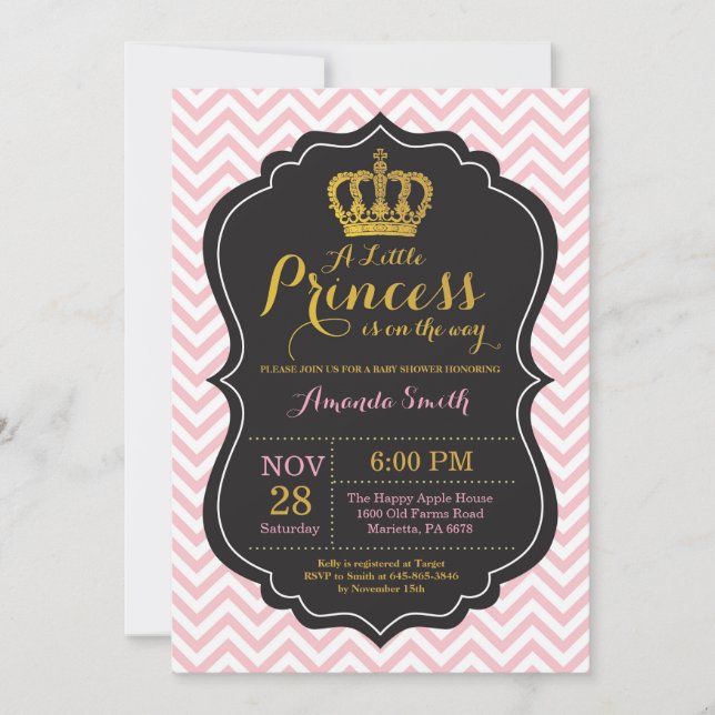 Invitación Princesa Baby Shower rosada y dorada (Anverso)