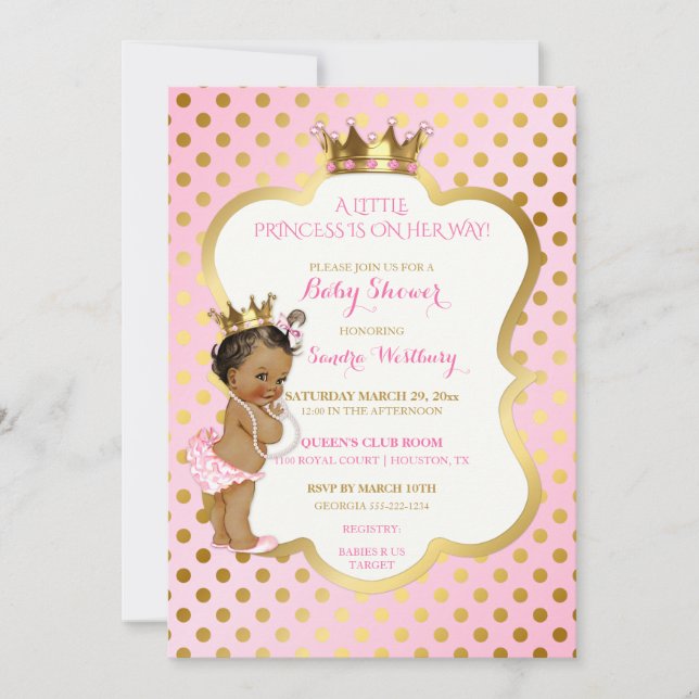 Invitación Princesa bebé afroamericana rosa y dorada (Anverso)