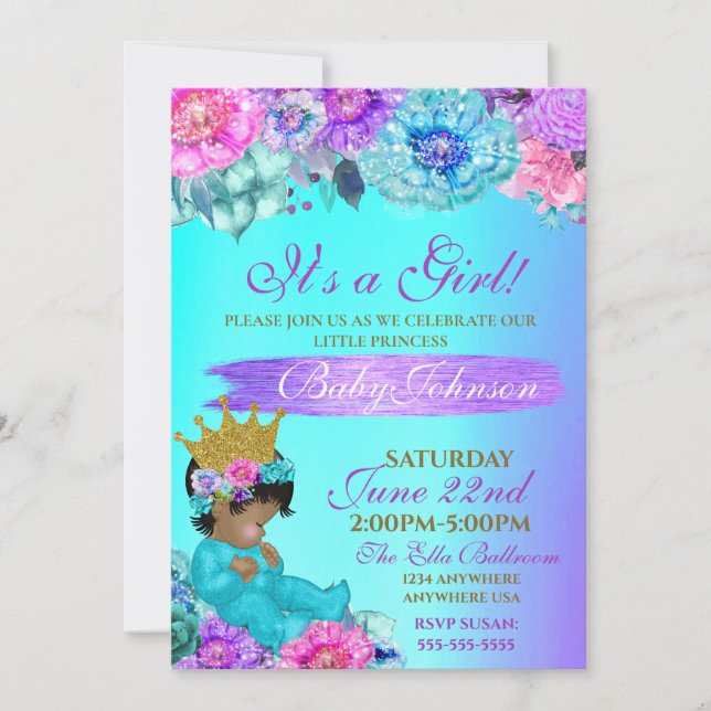 Invitación Princesa Bebé elegante Purple verde azulado Dorado (Anverso)