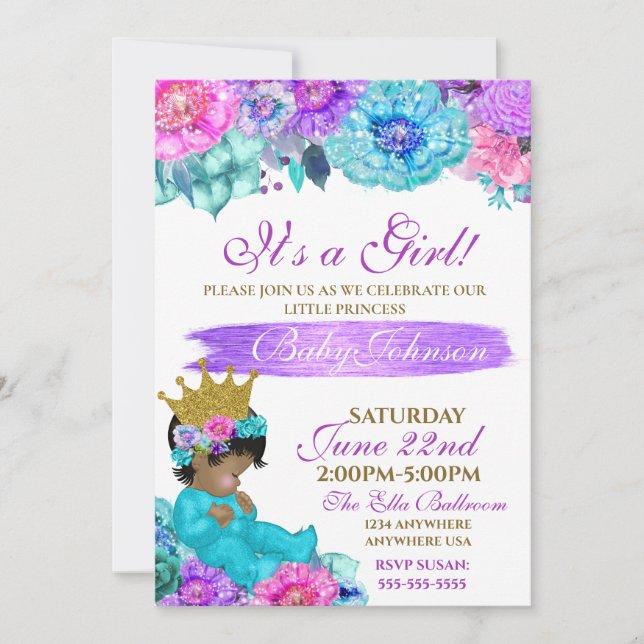 Invitación Princesa Bebé elegante Purple verde azulado Dorado (Anverso)