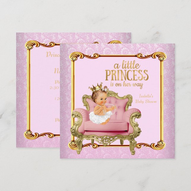 Invitación Princesa bebé morena Cumpleaños rosa silla dorada (Anverso / Reverso)