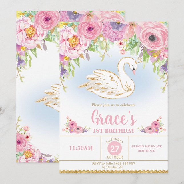 Invitación Princesa Birthday Invitation Floral Girl del cisne (Anverso / Reverso)