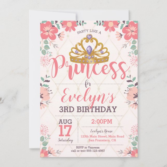 Invitación Princesa Birthday Invitation - princesa Party (Anverso)