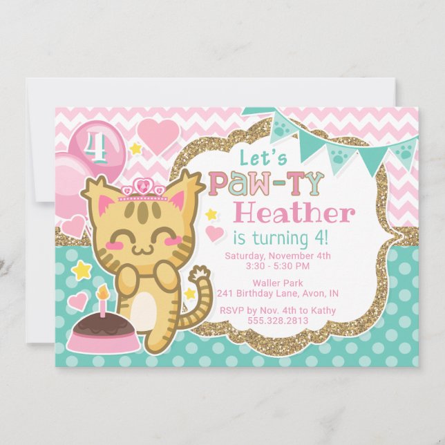 Invitación Princesa Birthday Pata-ty Invitation del gatito (Anverso)
