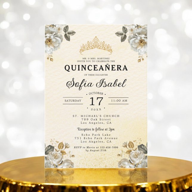 Invitación Princesa blanca de oro floral Quinceanera (Subido por el creador)