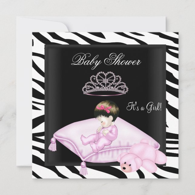 Invitación Princesa blanca rosada Chica Baby Shower de cebra (Anverso)