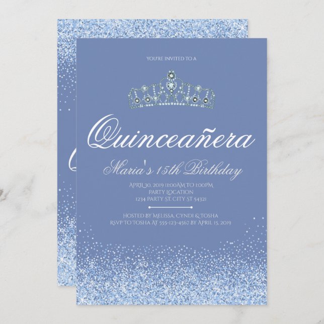 Invitación Princesa Blue Glitter Quinceanera Invitations (Anverso / Reverso)