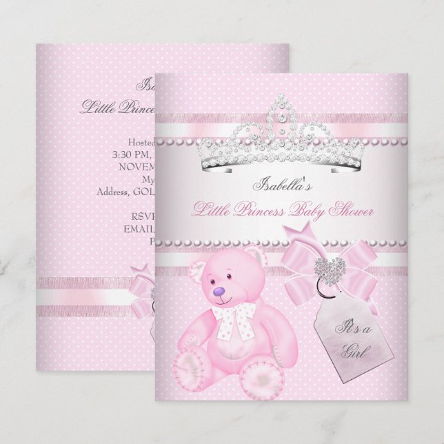 Invitación Princesa Bonito Baby Shower Cute Chica Tiara Bear (Anverso / Reverso)