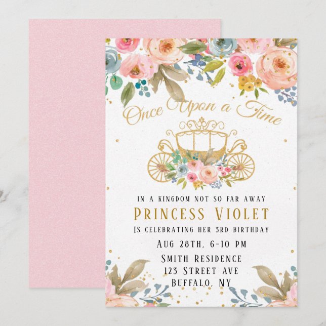 Invitación Princesa Carriage Gold Purpurina 00th Birthday Par (Anverso / Reverso)