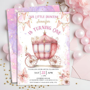 Invitación Princesa Carriage Primer Fiesta Chica Pink