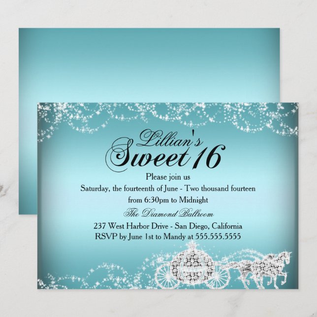 Invitación Princesa Carruaje de Caballo Azul Cumpl (Anverso / Reverso)