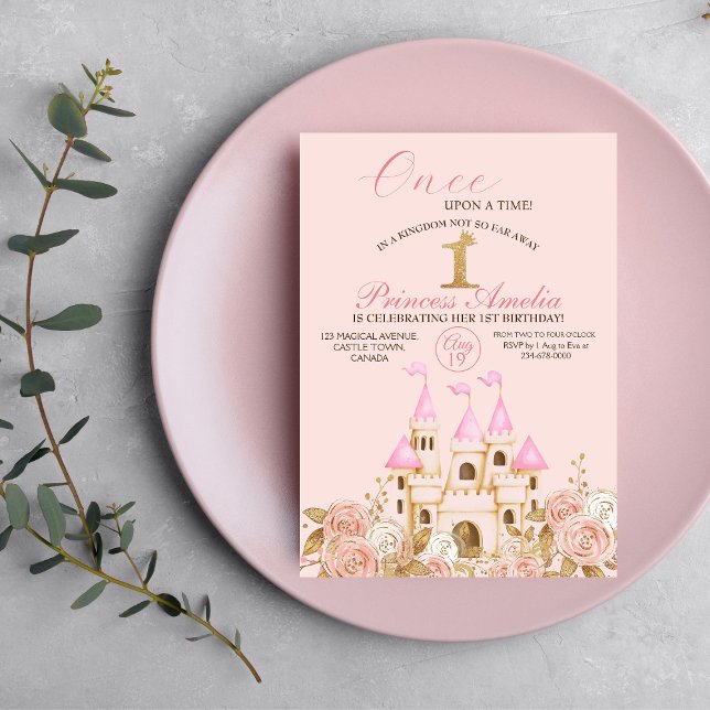 Invitación Princesa Castillo Rosa y Oro Primer Fiesta de Cump (Subido por el creador)