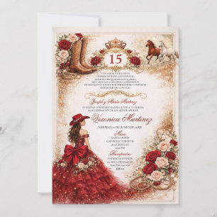 Invitación Princesa Charra Roja y Dorada del Oeste 15 Años Me