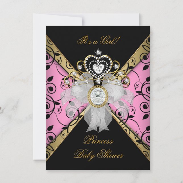 Invitación Princesa Chica Baby Shower Damask Black Pink (Anverso)