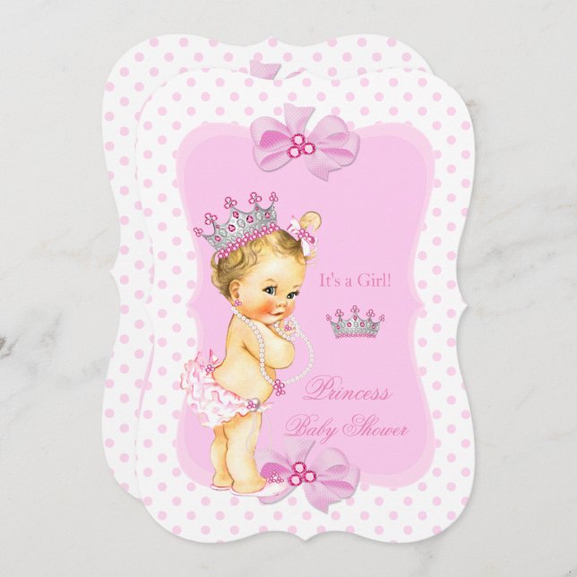 Invitación Princesa Chica Baby Shower Punto Polka Rosa (Anverso / Reverso)