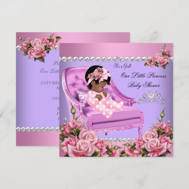 Invitación Princesa Chica Baby Shower Rosa Rosada Silla Purpl (Anverso / Reverso)