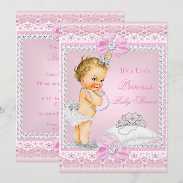 Invitación Princesa Chica Baby Shower Rosa Tiara Heart Blonde (Anverso / Reverso)