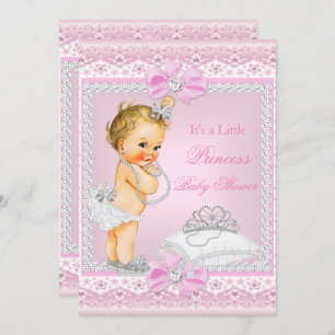 Invitación Princesa Chica Baby Shower Rosa Tiara Heart Blonde