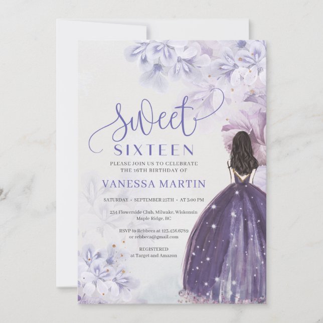 Invitación princesa chica con vestido morado bohemio primaver (Anverso)