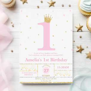 Invitación Princesa Chica de primer cumpleaños rosa y dorada