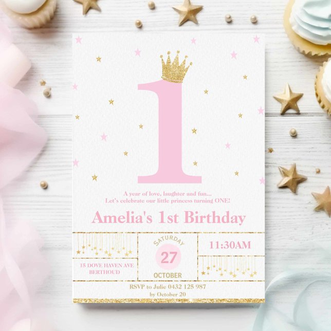 Invitación Princesa Chica de primer cumpleaños rosa y dorada (Subido por el creador)