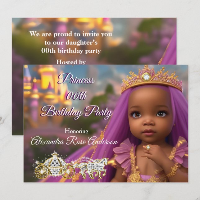 Invitación Princesa Chica Partido de Cumpleaños tiara morada  (Anverso / Reverso)
