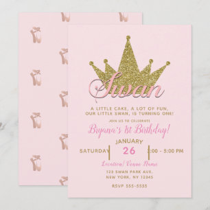 Invitación Princesa Cisne Corona de Cumpleaños con Brillo Ros