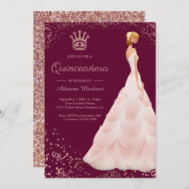 Invitación Princesa color de rosa Dress Magenta Quinceanera (Anverso / Reverso)