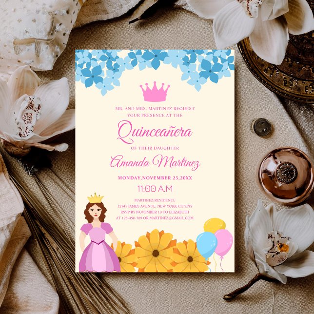Invitación princesa con flores elegante quinceañera vibrante (Subido por el creador)