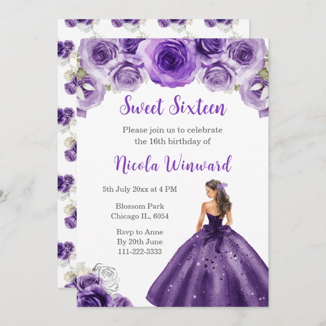 Invitación Princesa con vestido morado oscuro Dieciséis (Anverso / Reverso)