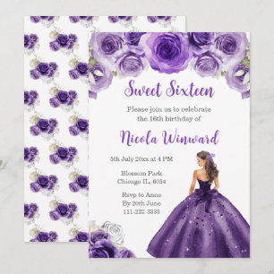 Invitación Princesa con vestido morado oscuro Dieciséis