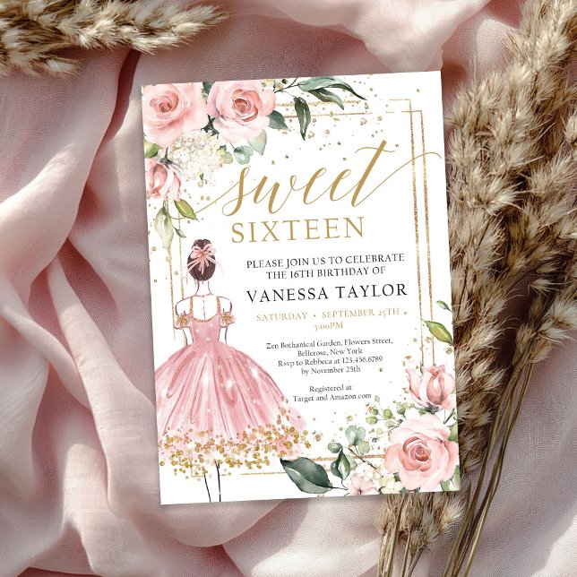 Invitación Princesa con vestido rosa marco dorado floral (Princess with pink dress blush floral gold frame invitation)